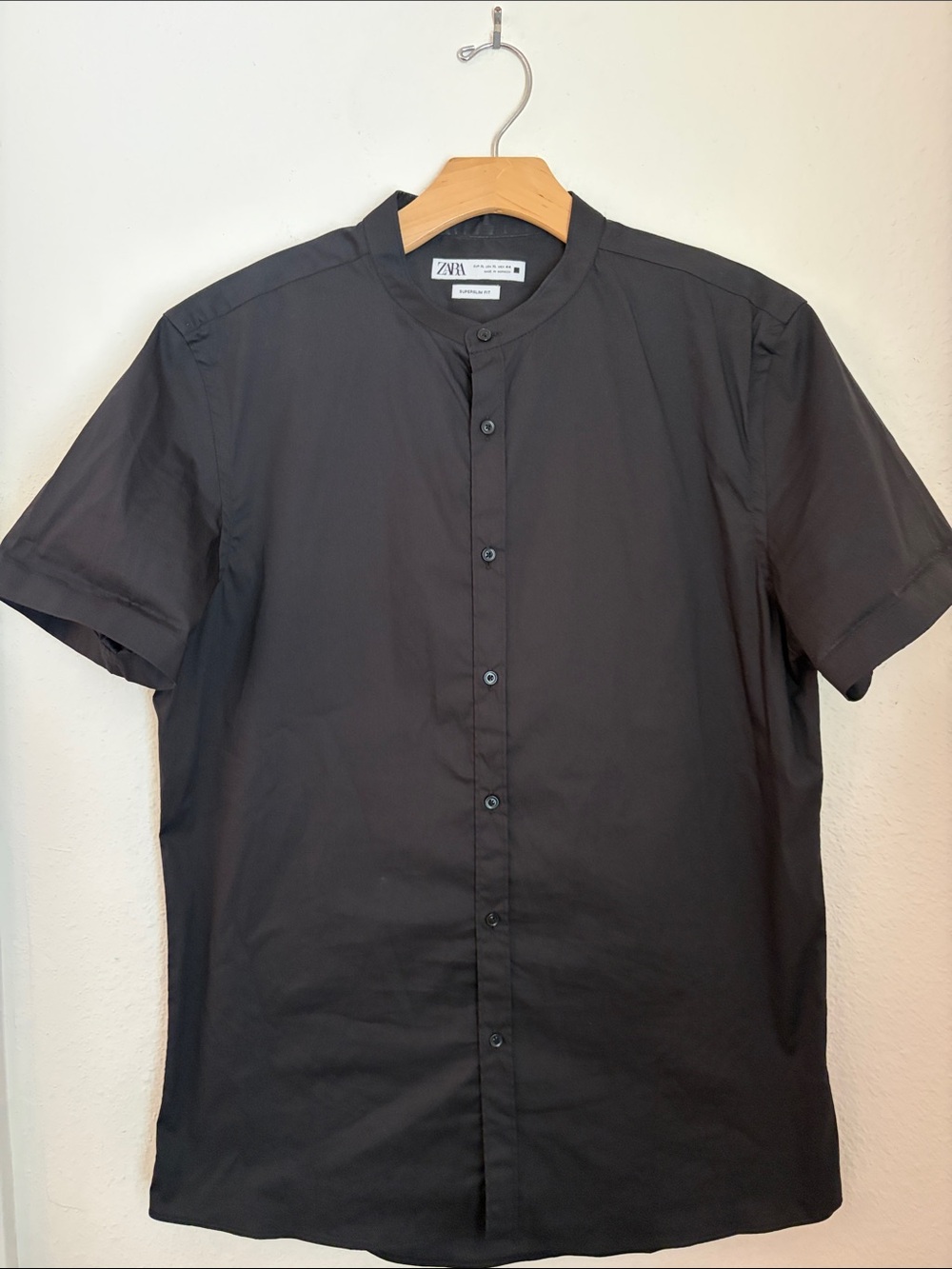 Zara Men’s Short Sleeve Black Band Collar Button-Down Shirt